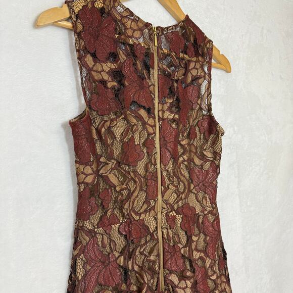 Calvin Klein 2 Lace Brown Dress Floral A-Line Sheath Fringe Formal Wedding Party - Picture 6 of 13